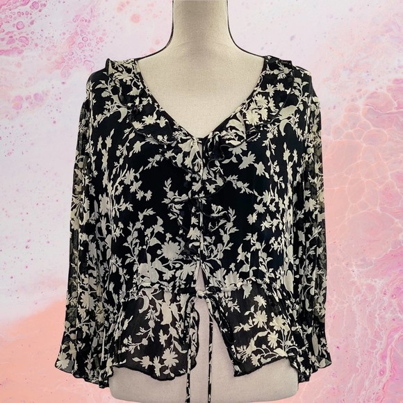 TEMPTATION Black & White Tie Waist L/S Blouse - Picture 10 of 11